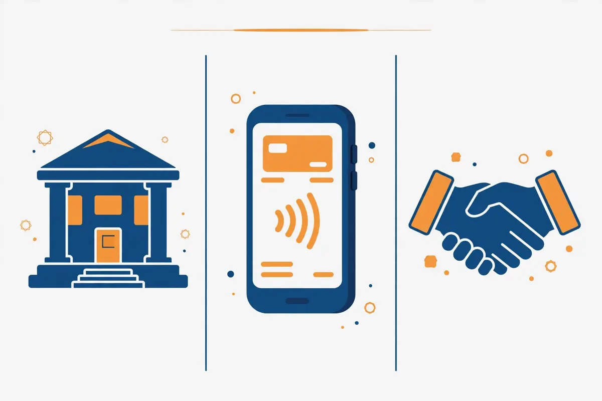 Illustration comparing bank, mobile app, and peer to peer payment routes for buying Bitcoin