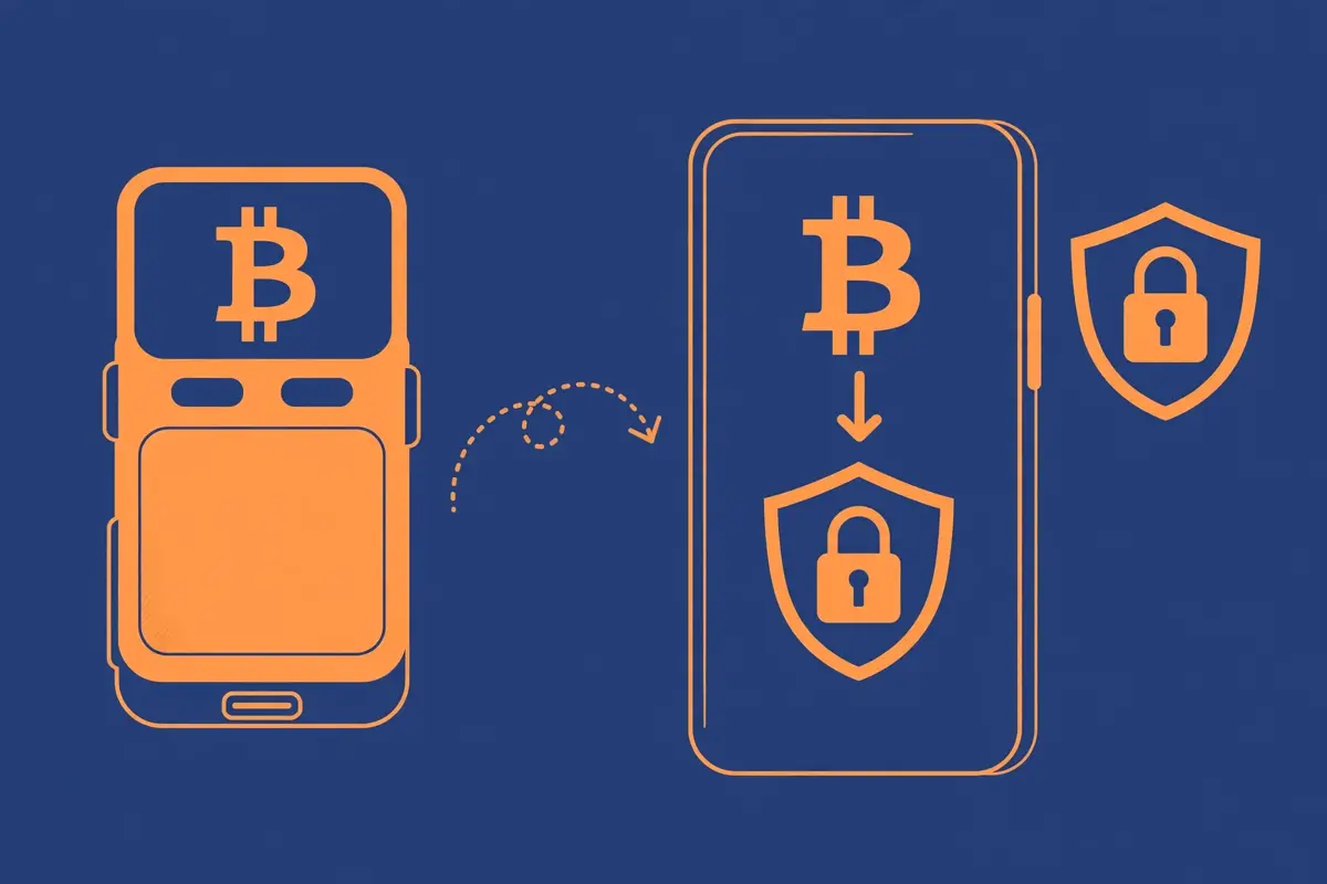 A hardware wallet and phone showing Bitcoin moved to self custody beside a lock
