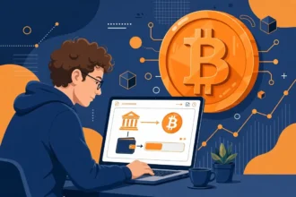 A person on a laptop sending a bank transfer to a Bitcoin exchange, with a large Bitcoin coin beside the screen