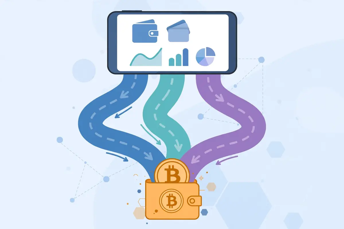 Three payment routes labeled by style as roads converging toward a Bitcoin wallet on a smartphone