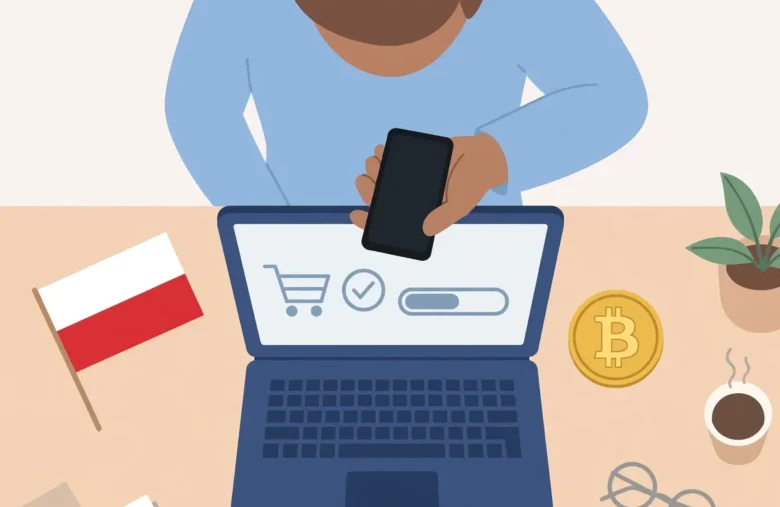 A person holding a smartphone paying at a laptop checkout with a gold Bitcoin coin on the desk.