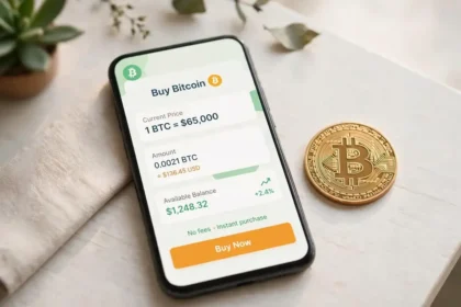 A smartphone showing a Bitcoin buy screen on a desk next to a physical Bitcoin coin