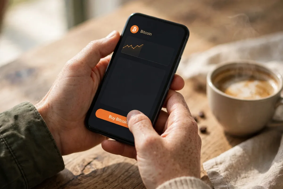 A person holding a smartphone and tapping to buy Bitcoin in a mobile payments app