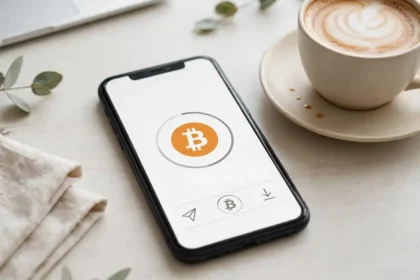 A smartphone on a desk showing a mobile payment app with a Bitcoin symbol, next to a cup of coffee