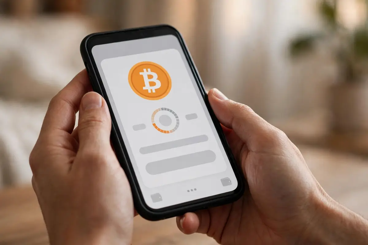 Hands holding a smartphone showing a Bitcoin wallet app, ready to receive a transfer from Venmo