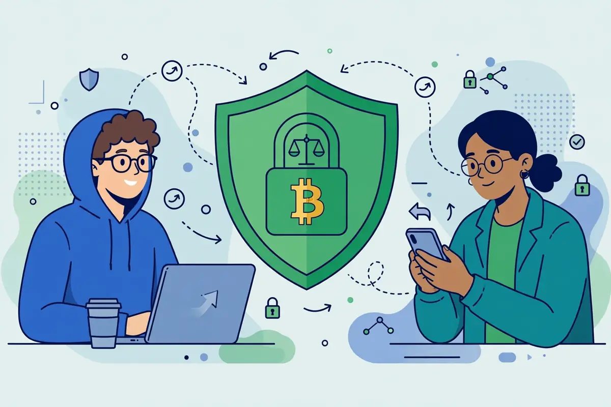 An illustration of two people trading through a shield and lock symbol with a Bitcoin coin in the center
