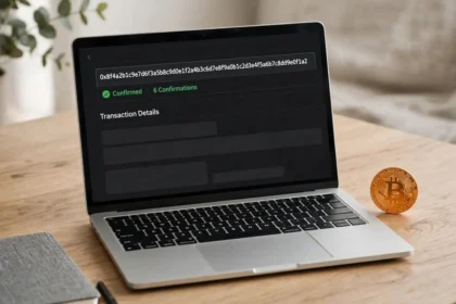 A laptop showing a Bitcoin block explorer with a transaction ID search and a confirmed status