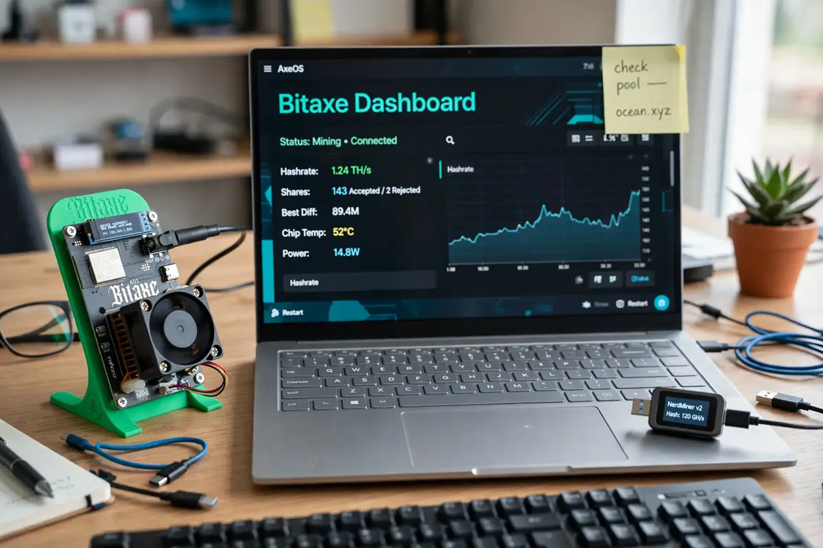 A tiny Bitaxe Bitcoin miner on a desk next to a laptop showing a mining dashboard