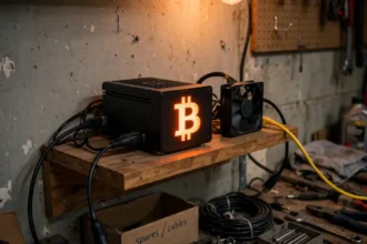 A small Bitcoin ASIC miner running on a shelf in a home garage with cables and a fan