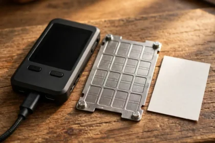 A hardware wallet device and a stamped steel seed phrase backup plate on a wooden desk beside a paper recovery card