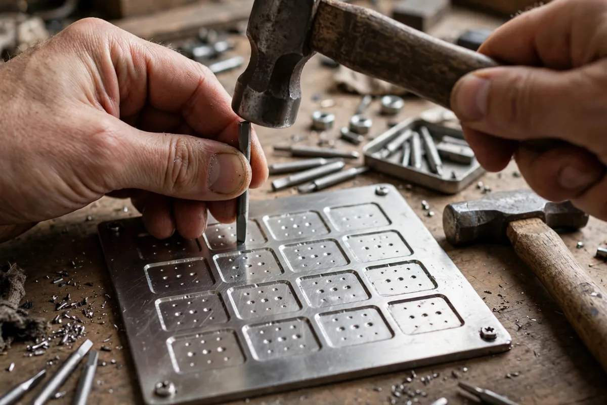 Hands stamping a stainless steel seed phrase backup plate on a workbench with a hammer and punch tools
