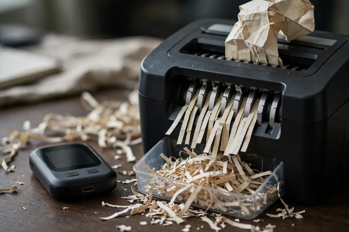 A paper document going through a shredder beside a hardware wallet device