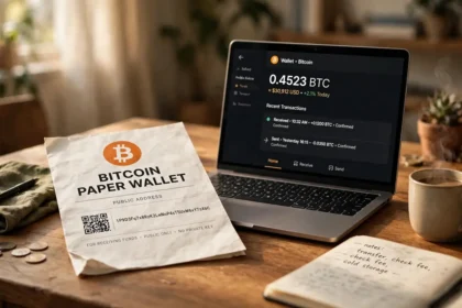 A printed Bitcoin paper wallet on a desk beside a laptop showing a wallet app