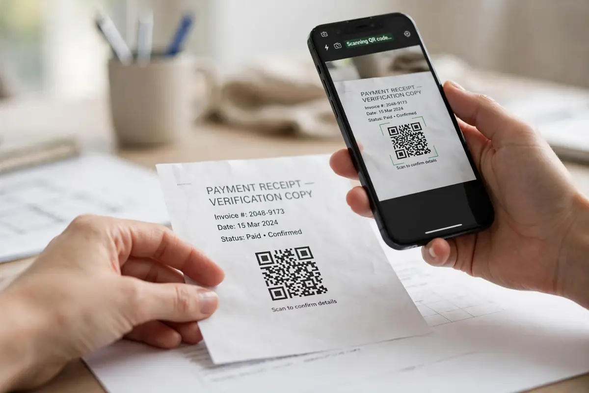 Hands scanning a QR code printed on a paper document with a smartphone