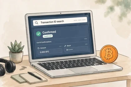 A laptop screen showing a Bitcoin block explorer with a transaction ID search and confirmation status