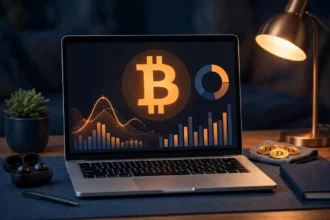 Laptop on a desk showing the Sparrow Wallet Bitcoin dashboard