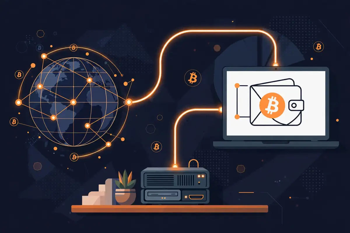 Home Bitcoin node connected to a laptop running Sparrow Wallet