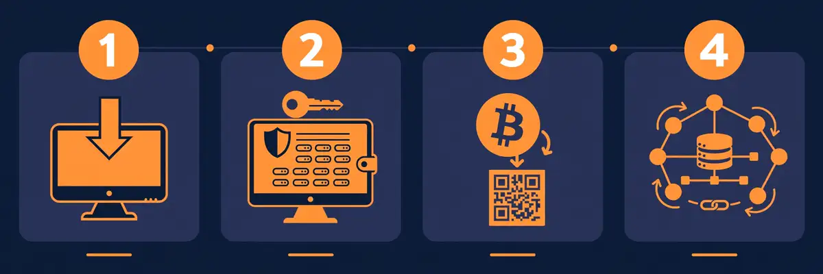 Four illustrated steps for setting up Sparrow Wallet, from download to connecting a node