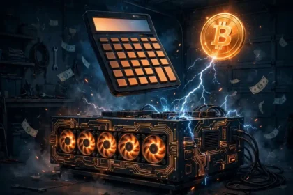 Bitcoin ASIC miner with calculator illustrating mining profitability in 2026