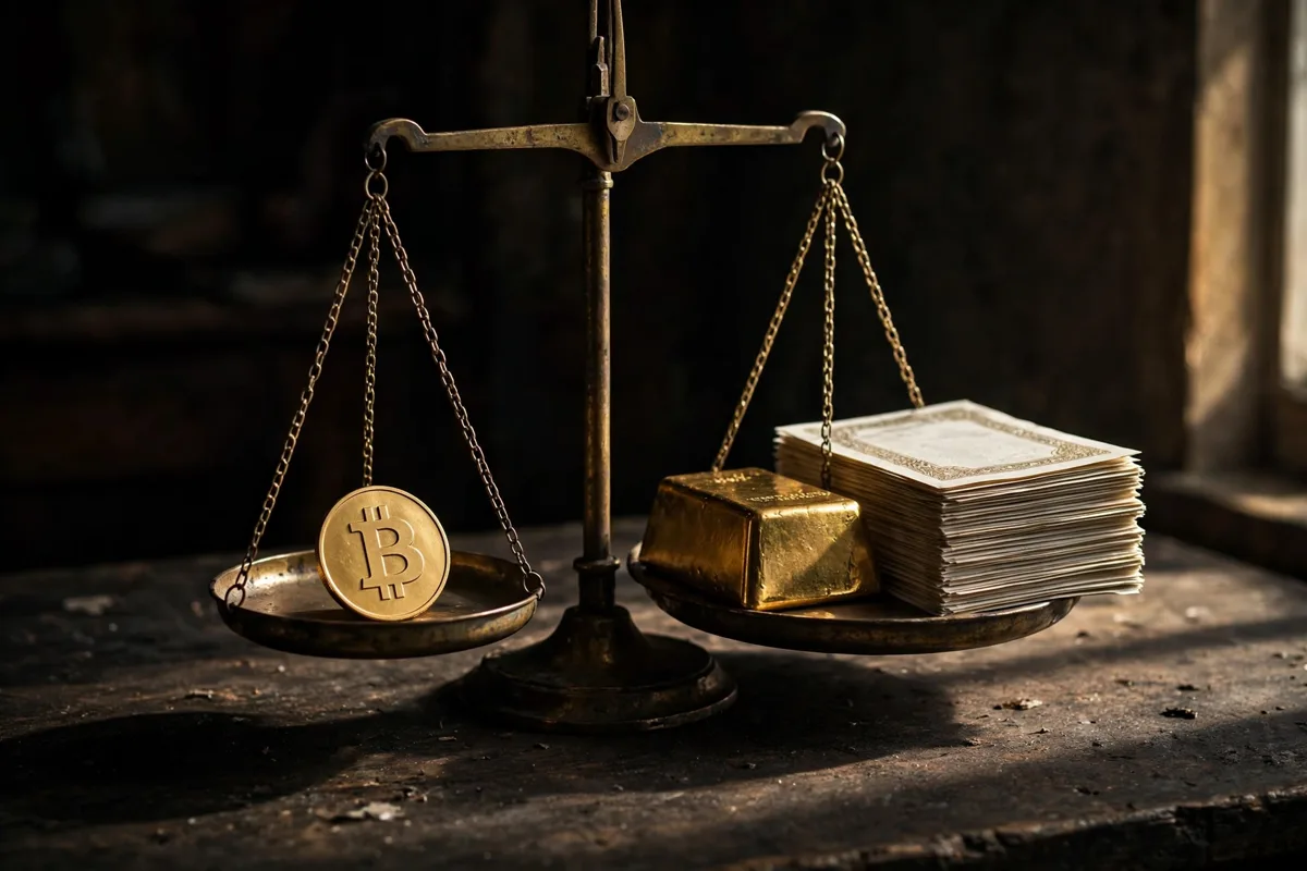 A balance scale weighing a golden Bitcoin coin against a gold bar and stock certificates on a dark desk
