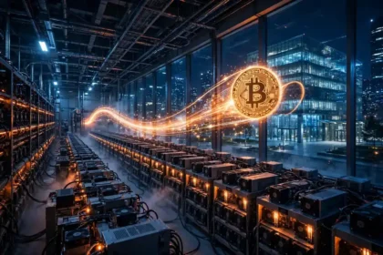 A Bitcoin mining data center at night with a glowing Bitcoin coin moving toward a modern financial building