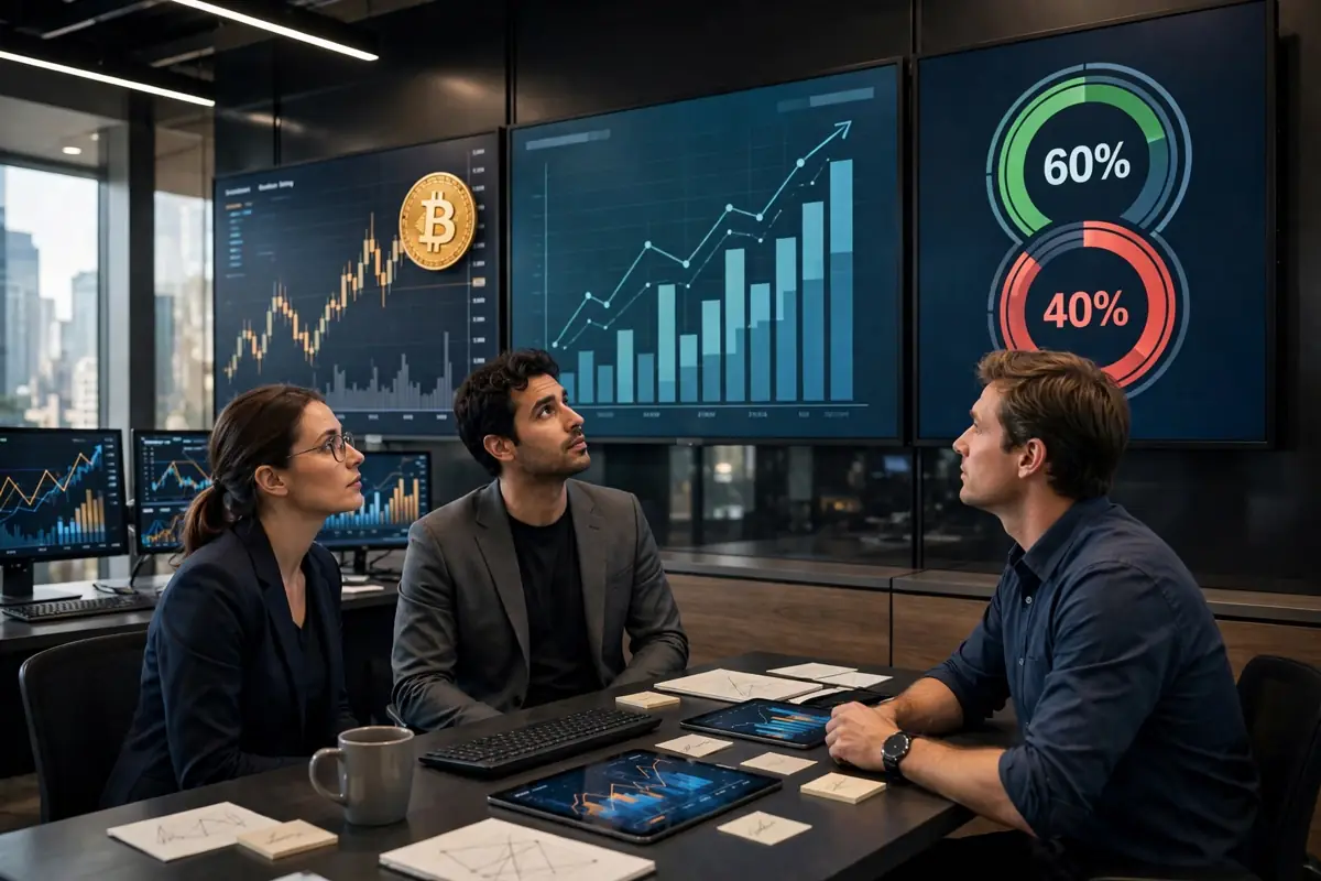 Trading screens showing company earnings charts and Bitcoin symbols in a modern exchange setting
