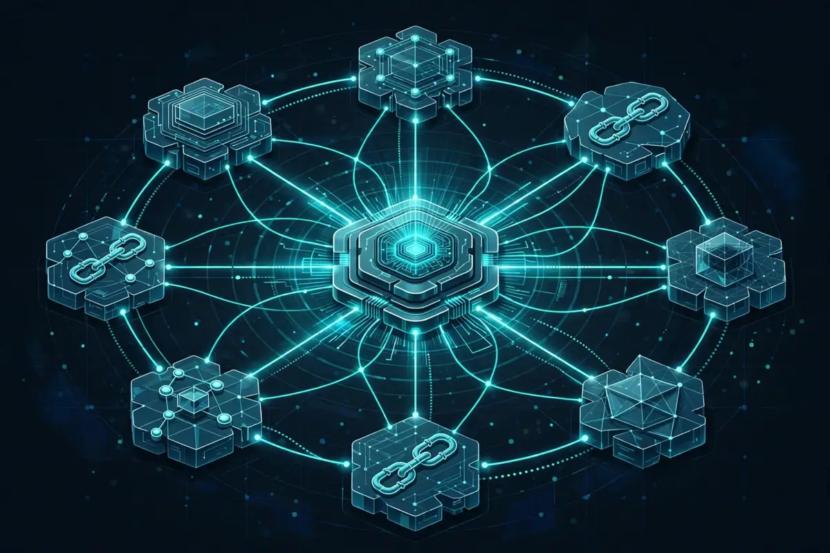 A network of interconnected blockchain shards and cross-chain routes linked to a central hub with glowing teal connections