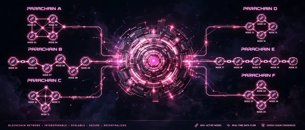 A network of interconnected blockchain nodes and parachain chains linked to a central hub with glowing pink connections