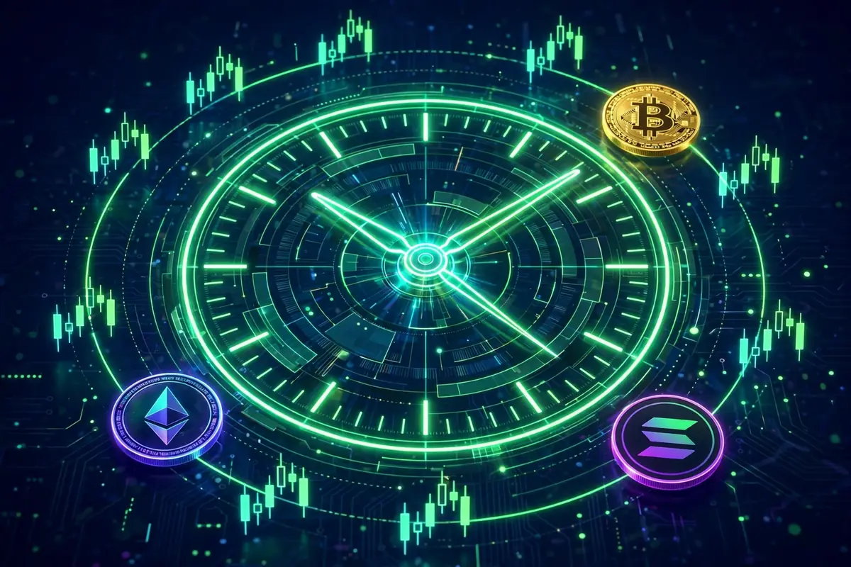 Concept showing 24/7 round-the-clock crypto derivatives trading with a clock and candlestick charts