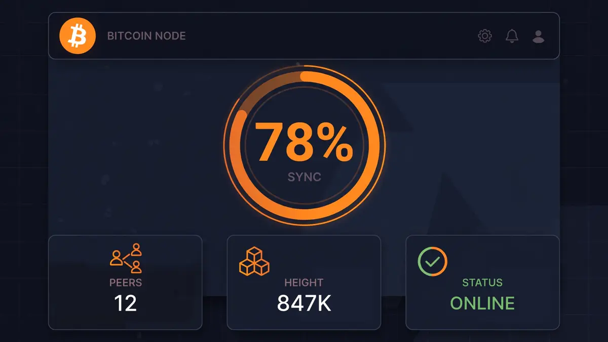 Illustration of a Bitcoin node dashboard showing blockchain sync progress