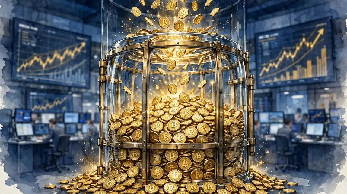 Glass vault filling with golden bitcoin coins behind a stock market trading floor