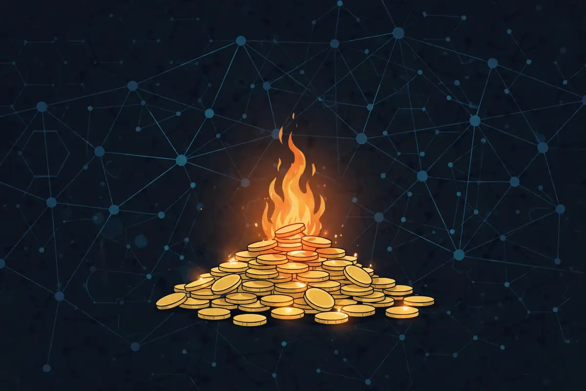 A flame burning a pile of gold coins against a dark blockchain network background