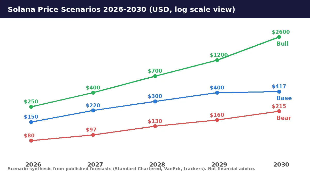 Line chart showing Solana bear, base and bull price scenarios from 2026 to 2030