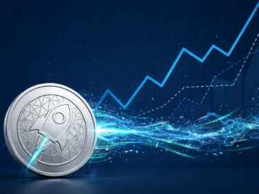 A silver Stellar XLM coin with a rocket trail in front of a rising price chart with forecast lines extending toward 2030