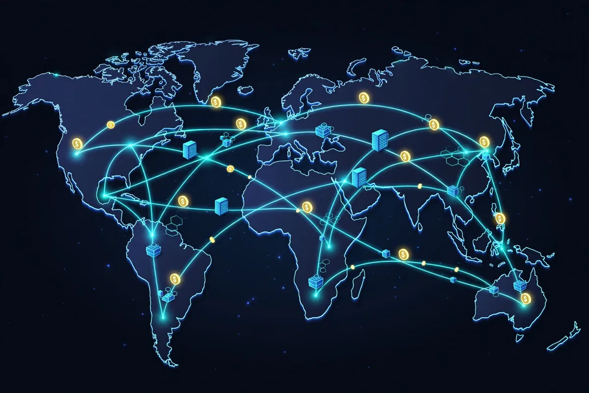A global payments network with glowing routes connecting continents and tokenised assets moving along them