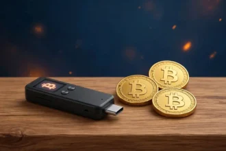 Bitcoin hardware wallet with gold coins on a desk