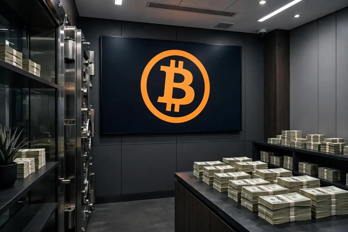 A modern corporate treasury room with a large display showing an orange Bitcoin symbol and stacks of US dollar bills held in reserve