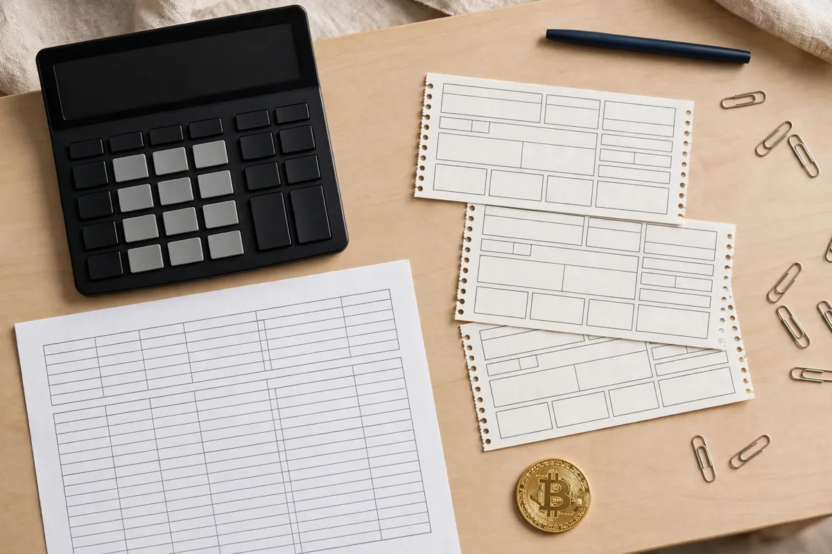 A finance desk with a calculator, a balance sheet, dividend slips, and a small golden Bitcoin coin model