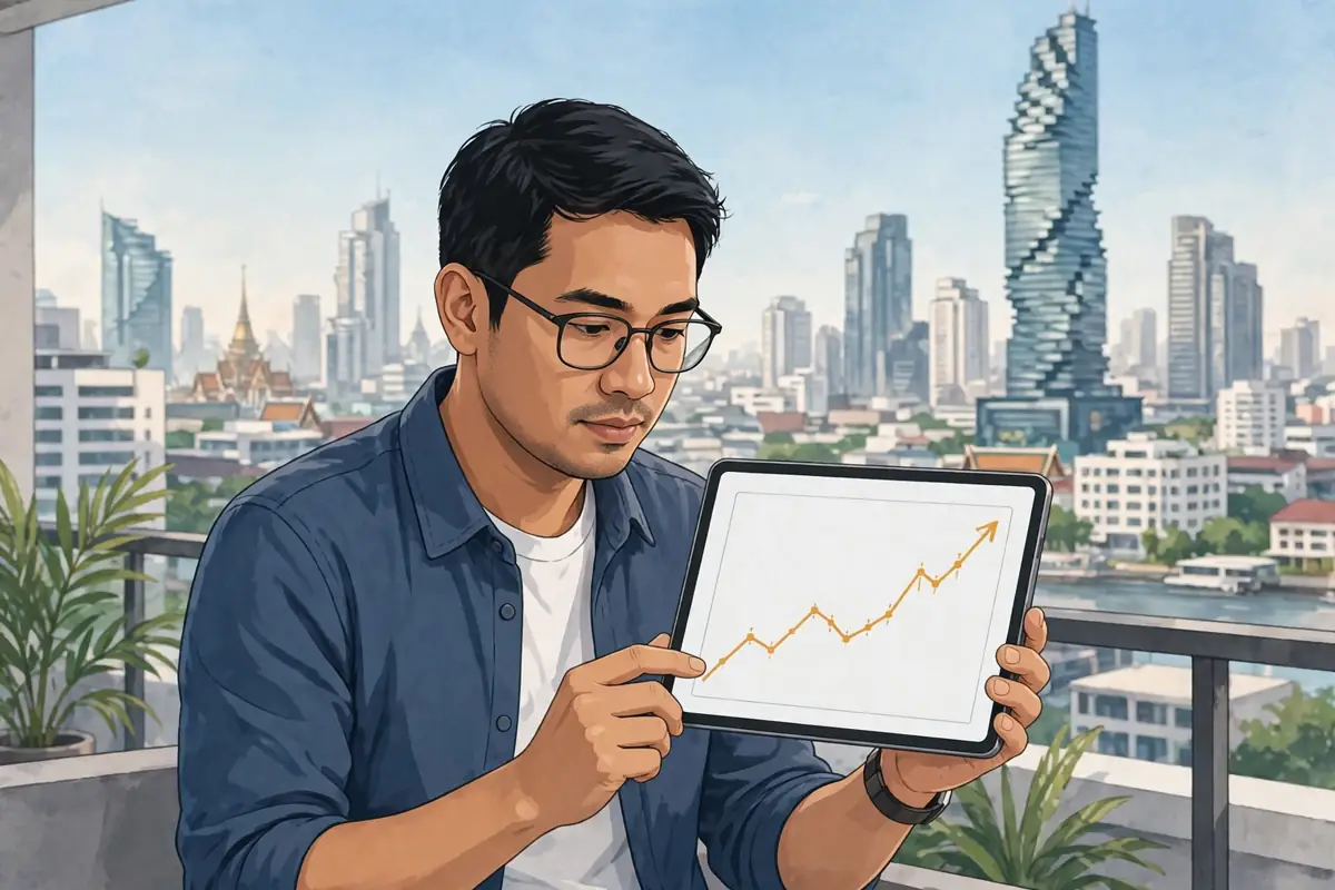 A Thai investor checking a Bitcoin price chart on a tablet with the Bangkok skyline behind