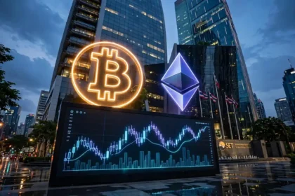 Stock Exchange of Thailand building at dusk with glowing Bitcoin and Ethereum symbols on a chart screen