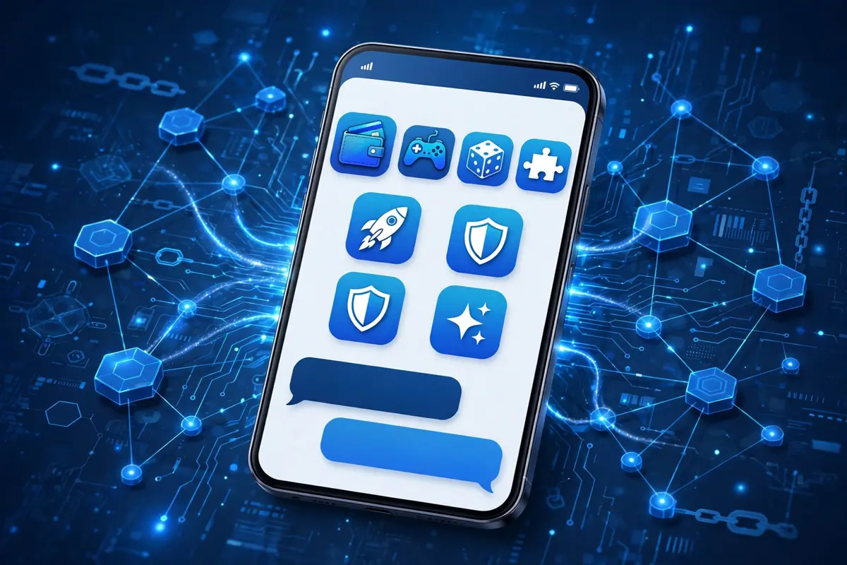 A smartphone showing a messaging app with mini apps, a wallet and game icons connected to a blue blockchain network