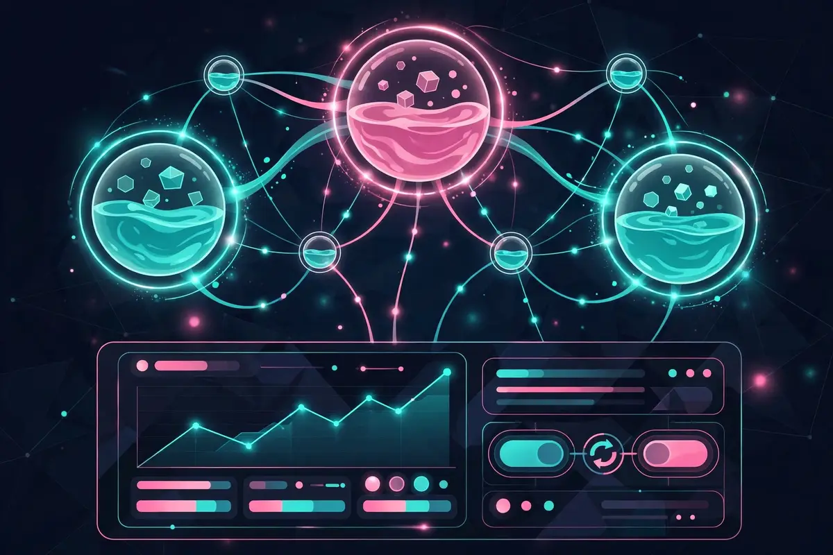 Illustration of a decentralized exchange with glowing token pools linked by flowing lines on a dark background