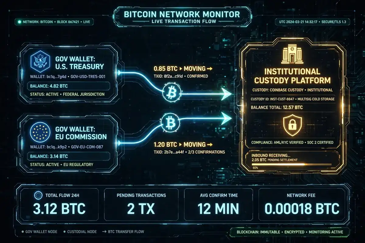 Glowing blockchain wallet nodes and arrows showing Bitcoin moving between wallets on a dark screen