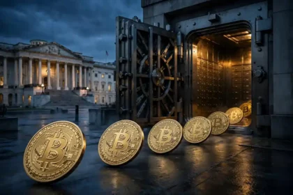 US government building behind large Bitcoin coins moving toward a secure institutional vault