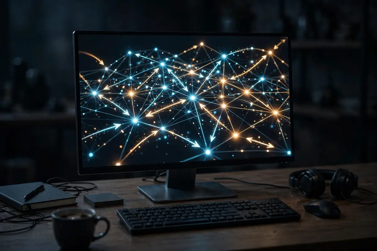 Glowing blockchain wallet nodes and arrows showing Bitcoin moving between wallets on a dark screen