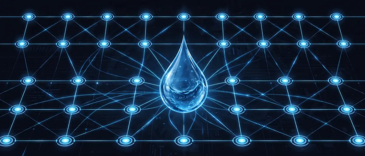 Illustration of glowing validator nodes connected by light lines with a liquid token droplet in the center