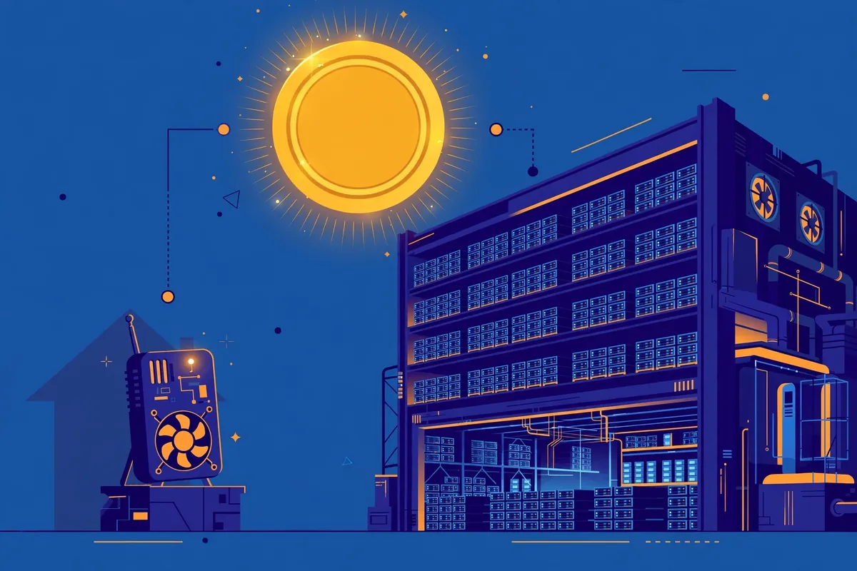 Tiny Bitaxe home miner versus a giant industrial Bitcoin mining farm