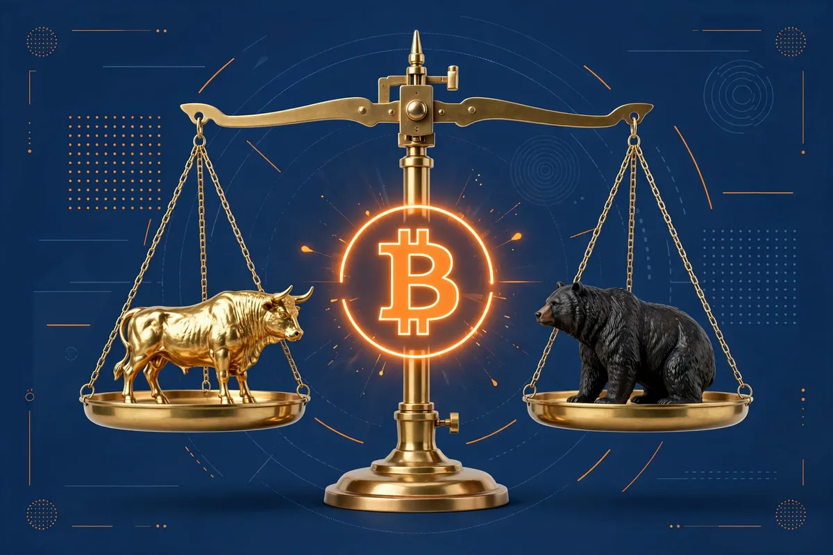 Illustration of a balance scale weighing a bull against a bear with a Bitcoin symbol between them