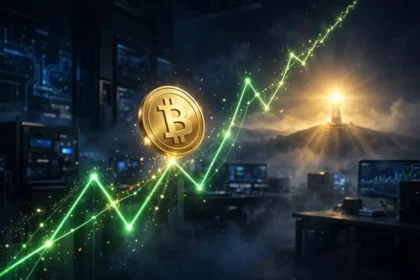 Bitcoin coin rising toward a glowing $200K milestone beacon