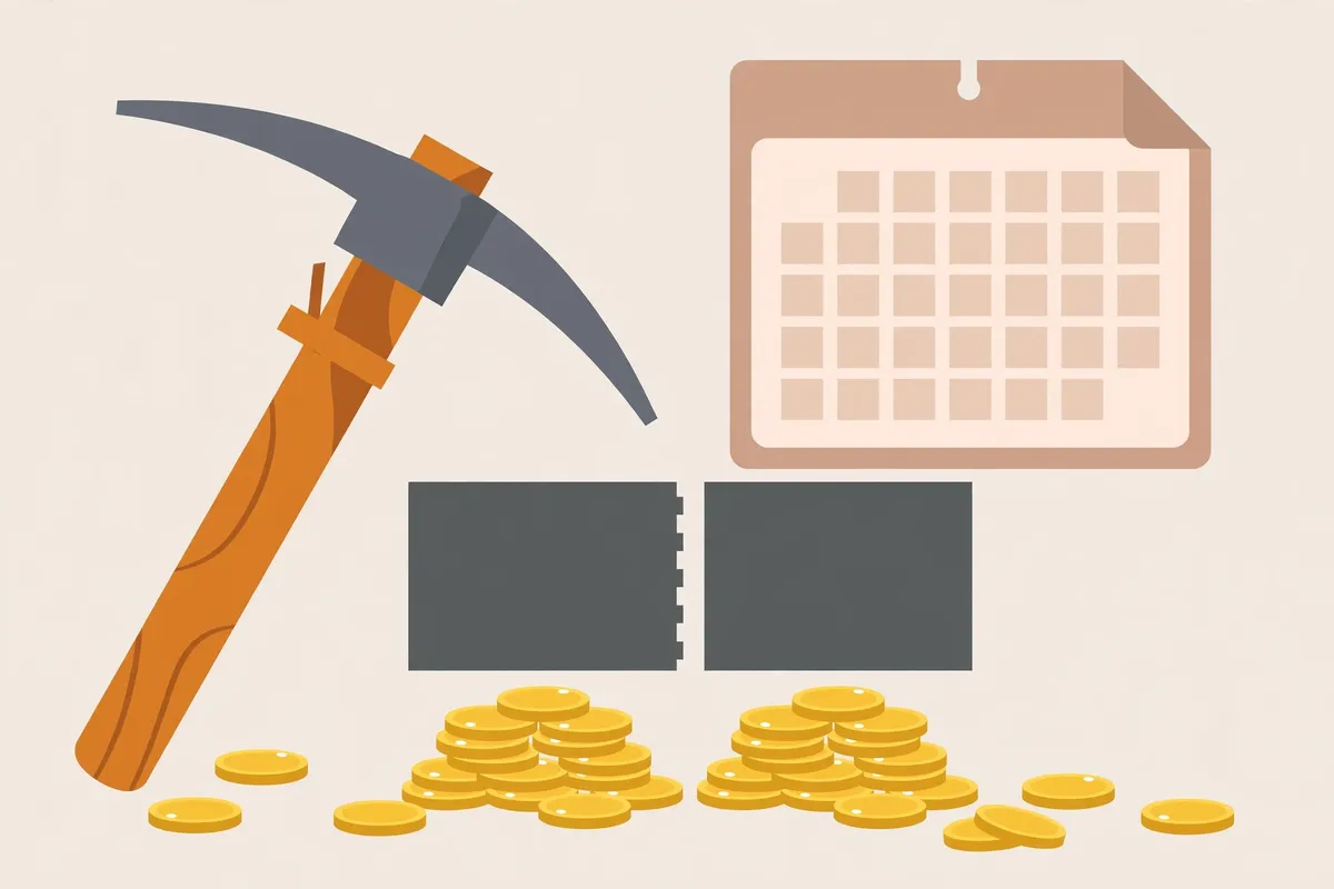 A calendar page beside gold coins split into two equal piles showing a block reward cut in half.